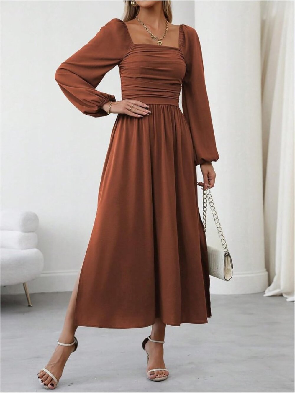 Chic Square Neck Lantern Sleeve Ruched Midi Dress - Stylish & Trendy Outfit - Picture 5 of 6